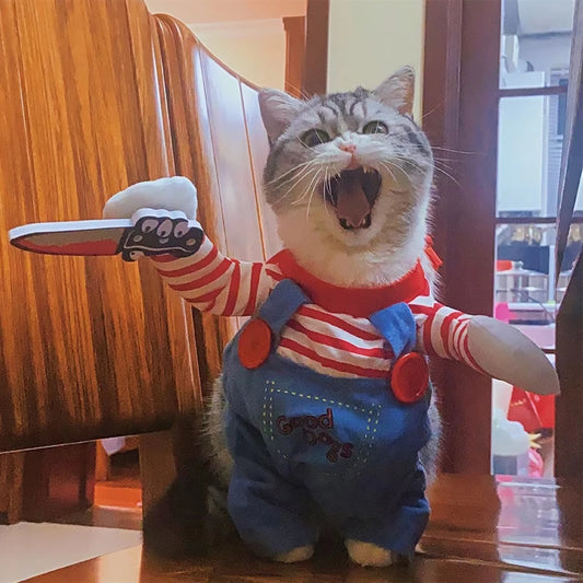 Creepy Doll Striped Pet Costume — Halloween Outfit for Cats & Small Dogs