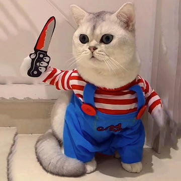Creepy Doll Striped Pet Costume — Halloween Outfit for Cats & Small Dogs